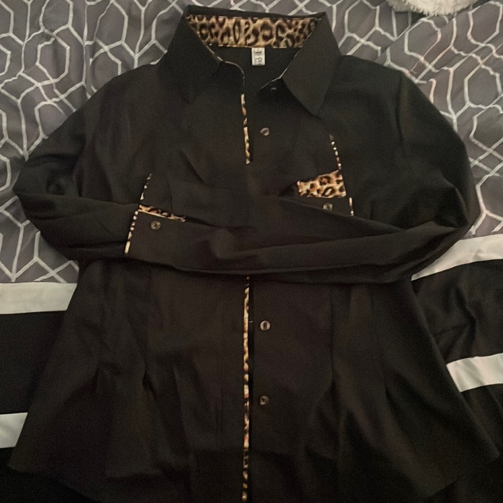 Leopard print black button down shirt